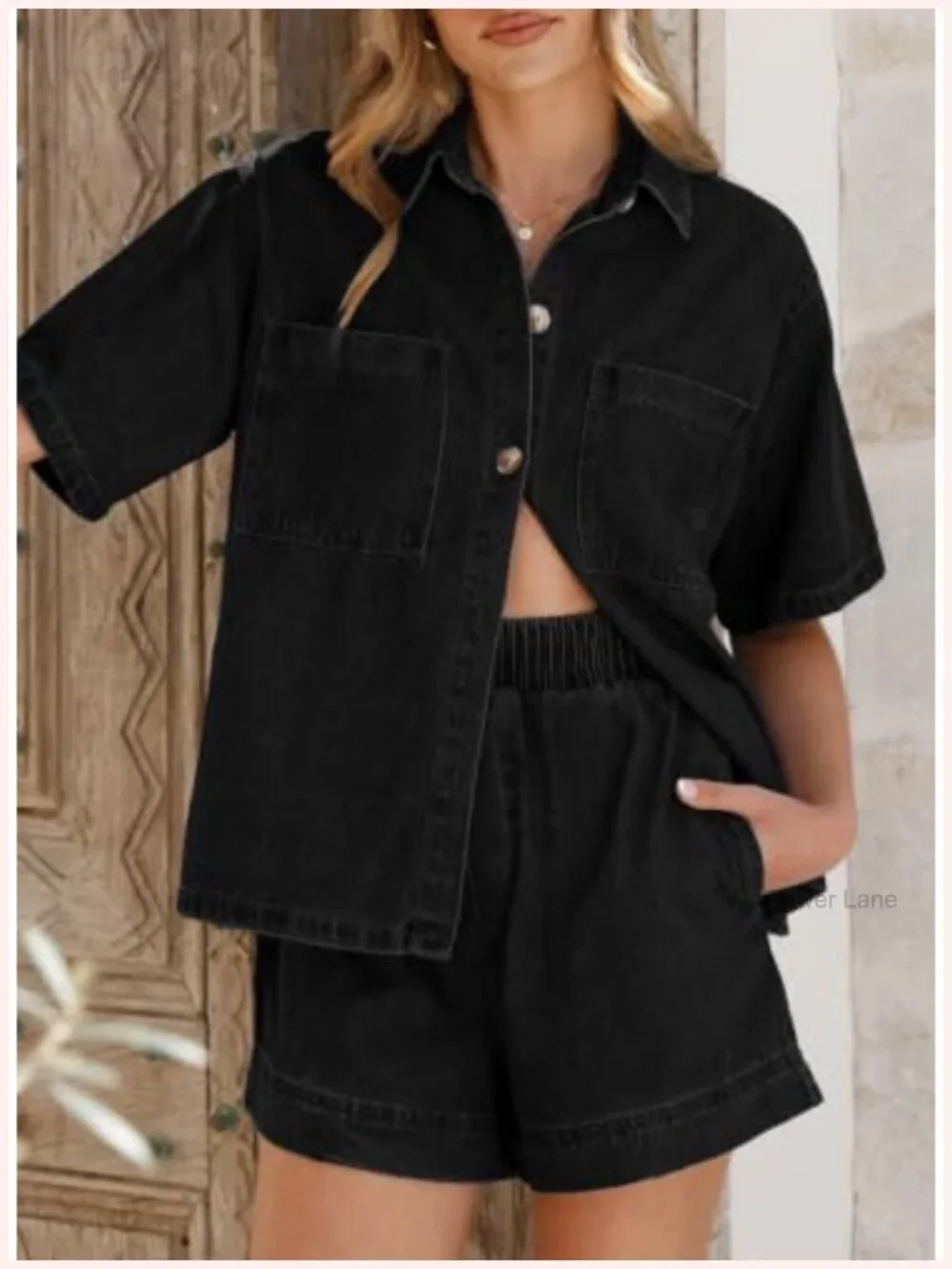 Women's 2 Piece Denim Lounge Set Short Sleeve Button Down Shirt High Waisted